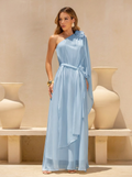 VESTIDO LONGO UM OMBRO COM MANGA CAPA FENDA LATERAL E FLOR 3D AZUL
