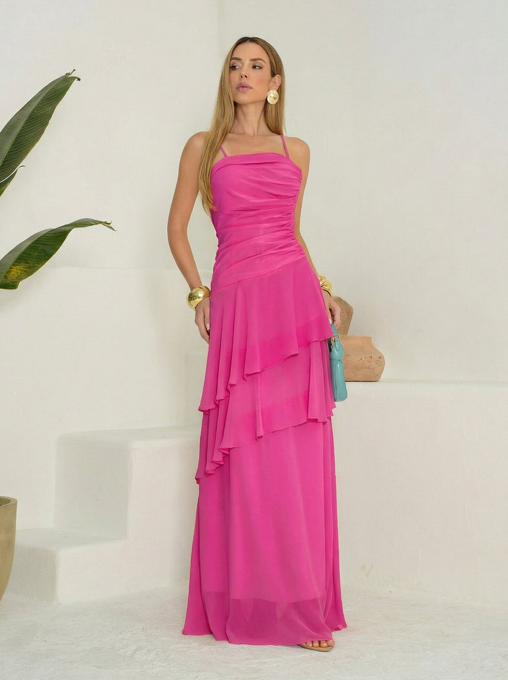 VESTIDO LONGO DECOTE RETO COM ALÇAS SAIA EM CAMADAS E DRAPEADO ROSA