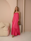VESTIDO LONGO DECOTE RETO DE ALÇAS COM BABADO NA BARRA ROSA