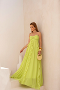 VESTIDO LONGO TOMARA QUE CAIA COM BABADOS CASCATA VERDE