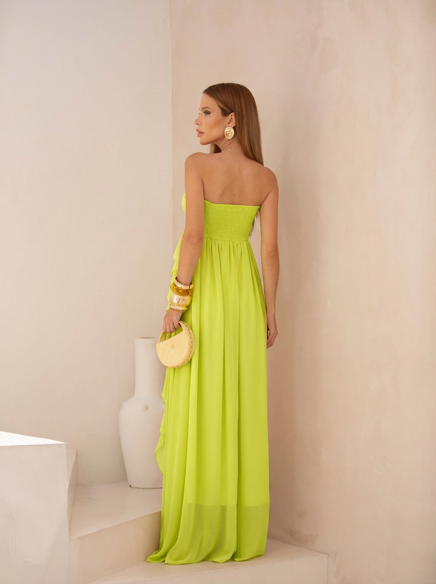 VESTIDO LONGO TOMARA QUE CAIA COM BABADOS CASCATA VERDE