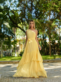 VESTIDO LONGO UM OMBRO COM FLOR 3D REMOVÍVEL E SAIA EM CAMADAS AMARELO