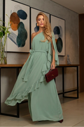 VESTIDO LONGO UM OMBRO COM BABADOS VERDE ÁGUA