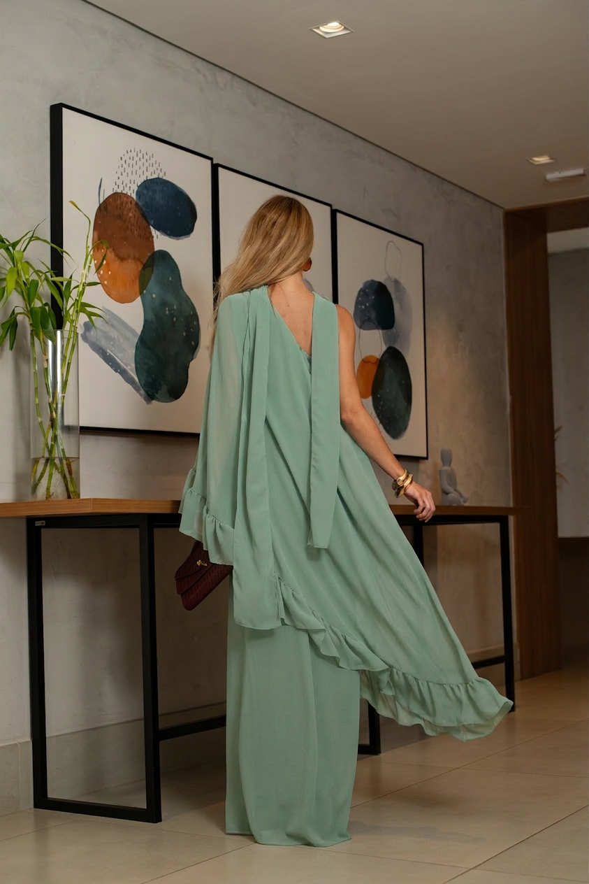 VESTIDO LONGO UM OMBRO COM BABADOS VERDE ÁGUA