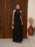 VESTIDO LONGO DECOTE HALTER DRAPEADO PRETO