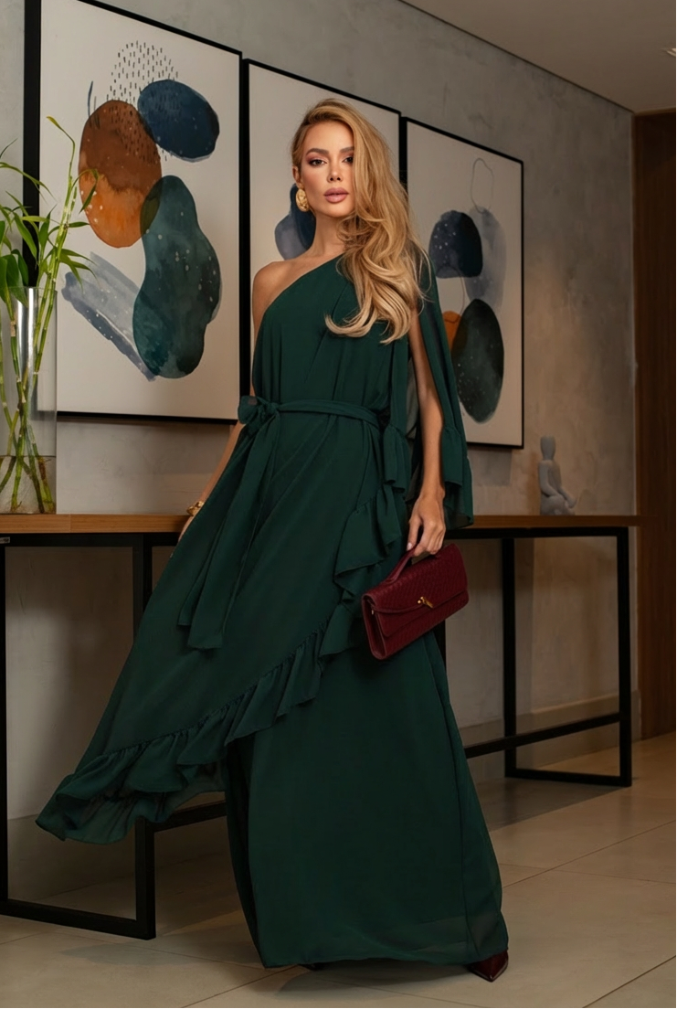 VESTIDO LONGO UM OMBRO COM BABADOS VERDE