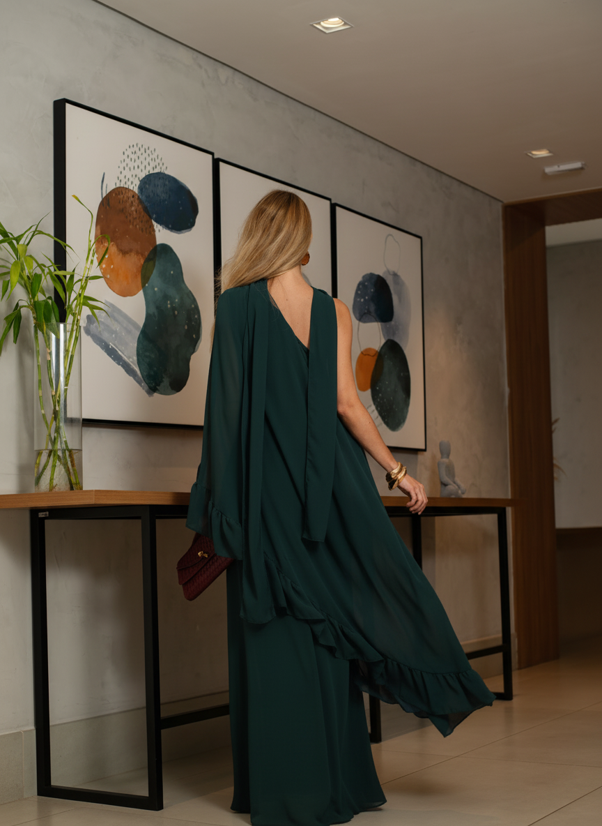 VESTIDO LONGO UM OMBRO COM BABADOS VERDE