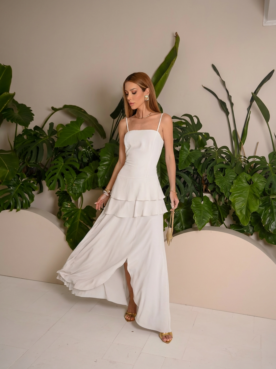 VESTIDO LONGO DECOTE RETO COM BABADO OFF WHITE