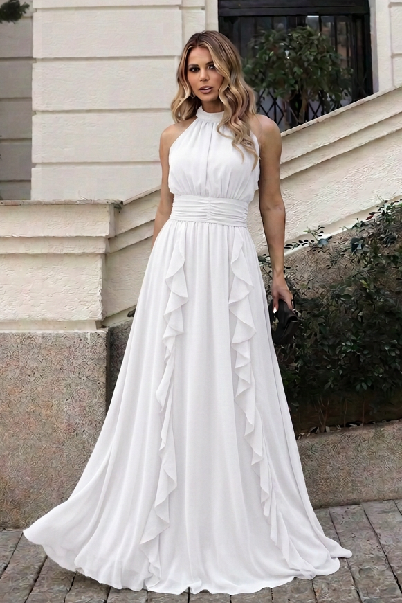 VESTIDO LONGO FRENTE ÚNICA COM CINTURA FRANZIDA E BABADOS OFF WHITE