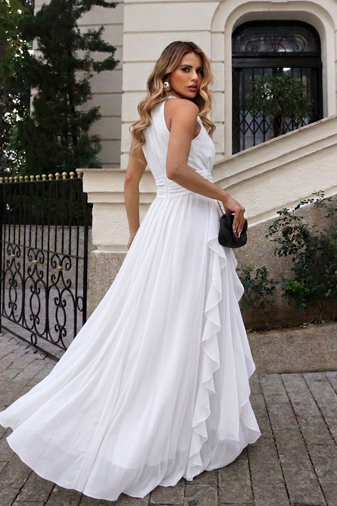 VESTIDO LONGO FRENTE ÚNICA COM CINTURA FRANZIDA E BABADOS OFF WHITE