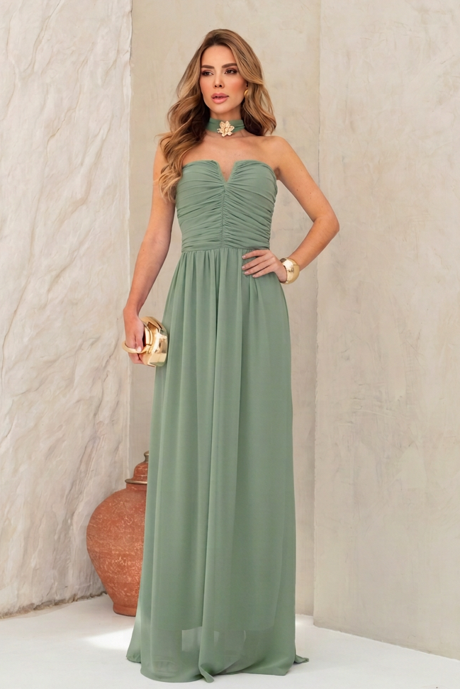 VESTIDO LONGO TOMARA QUE CAIA DECOTE V FRANZIDO E BROCHE FLORAL VERDE