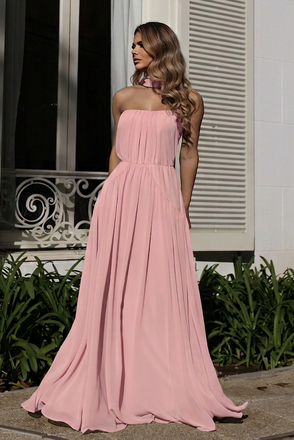 VESTIDO LONGO TOMARA QUE CAIA COM FRANZIDO E FAIXA ROSA