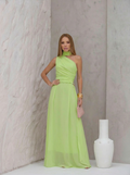 VESTIDO LONGO UM OMBRO DRAPEADO LATERAL ECHARPE COM FIVELA E CHOKER REMOVÍVEL VERDE