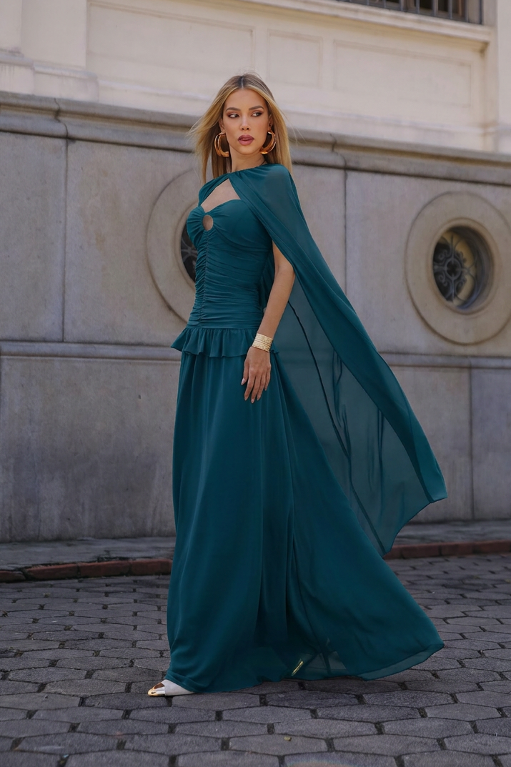 VESTIDO LONGO TOMARA QUE CAIA FRANZIDO COM RECORTE E CAPA AZUL PETRÓLEO