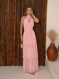 VESTIDO LONGO DECOTE HALTER DRAPEADO ROSA