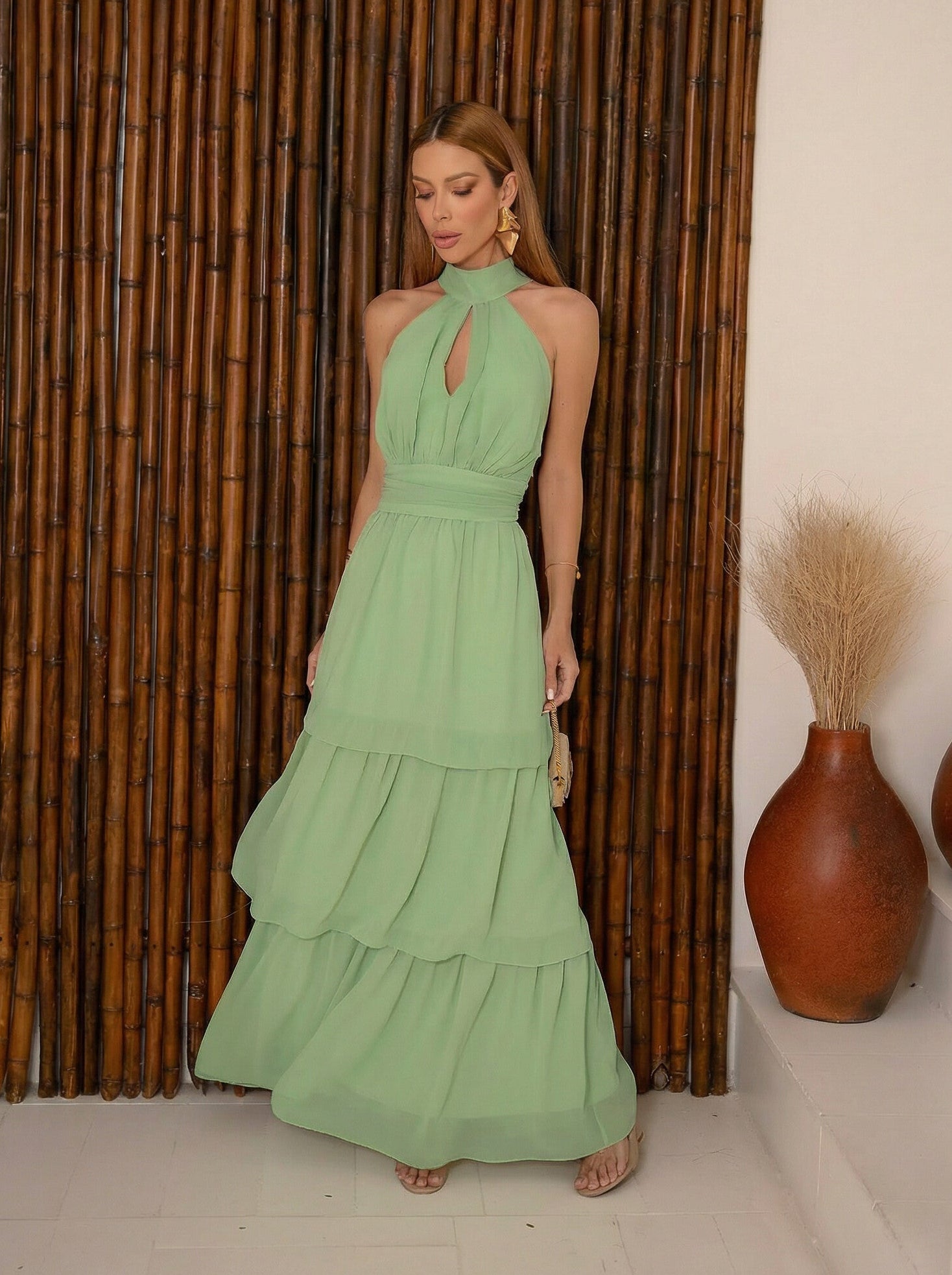 VESTIDO LONGO DECOTE HALTER DRAPEADO VERDE