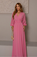 VESTIDO LONGO DECOTE V TRANSPASSADO COM MANGA BUFANTE ROSA