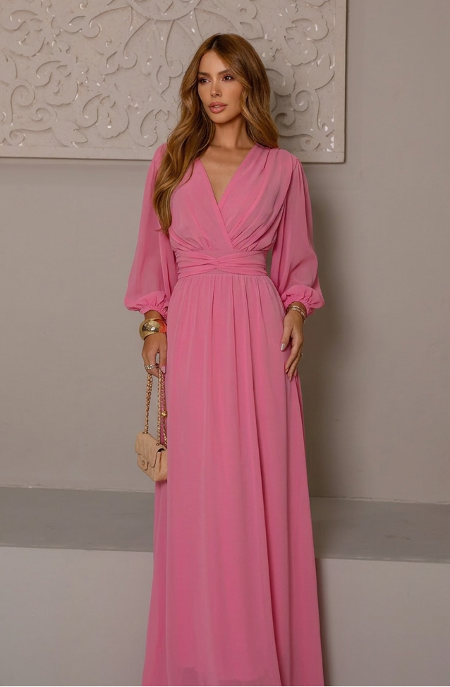 VESTIDO LONGO DECOTE V TRANSPASSADO COM MANGA BUFANTE ROSA