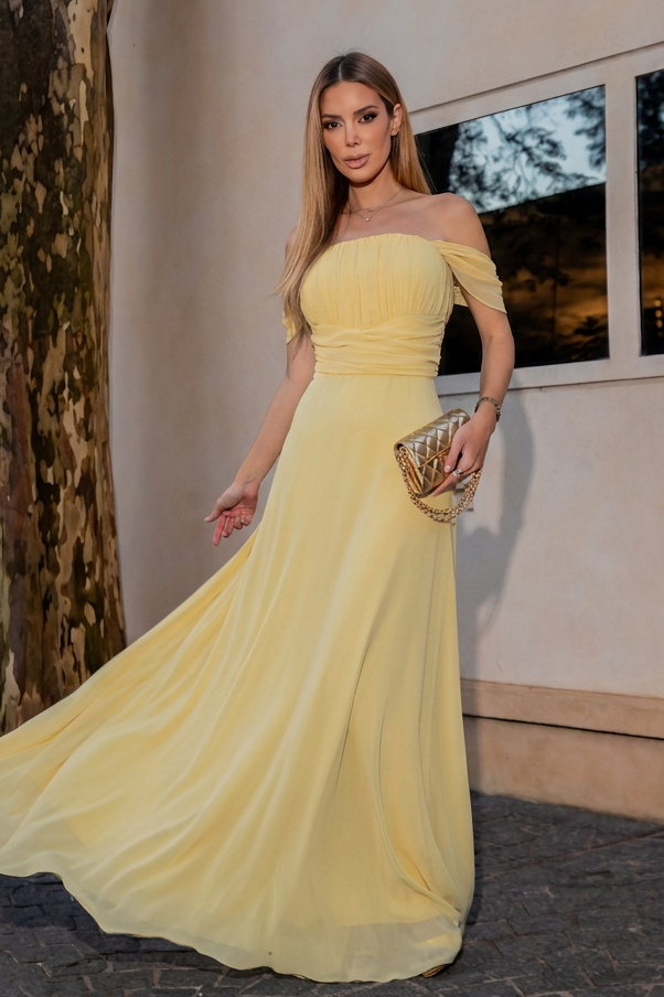 VESTIDO LONGO OMBRO A OMBRO COM BUSTO FRANZIDO AMARELO