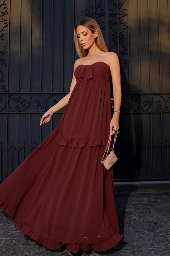 VESTIDO LONGO TOMARA QUE CAIA COM BUSTO FRANZIDO E BABADOS MARSALA