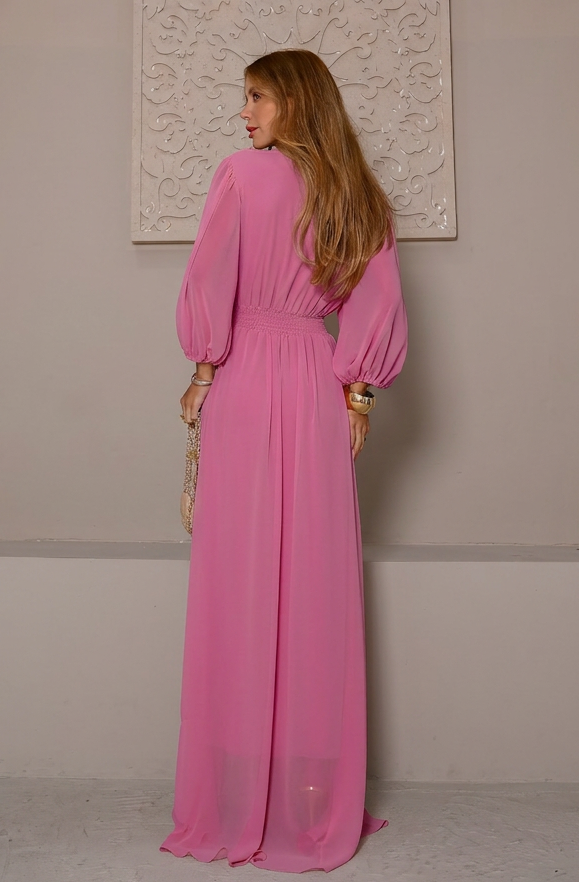 VESTIDO LONGO DECOTE V TRANSPASSADO COM MANGA BUFANTE ROSA