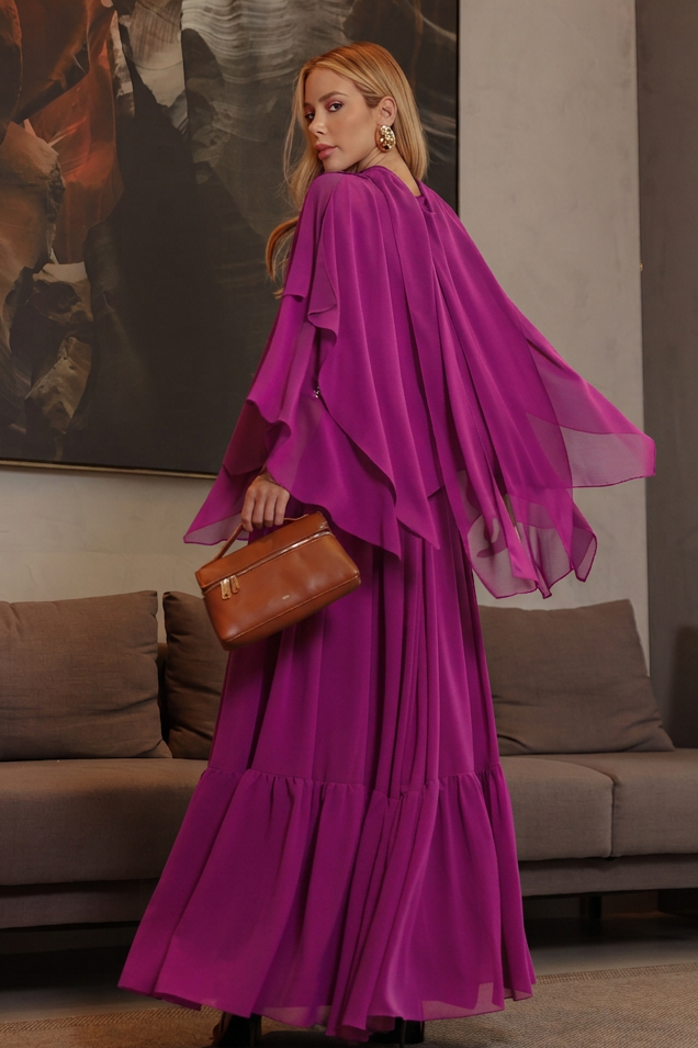 VESTIDO LONGO DECOTE V COM ALÇAS FINAS E CAPA FÚCSIA
