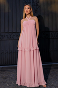 VESTIDO LONGO TOMARA QUE CAIA COM BUSTO FRANZIDO E BABADOS ROSA