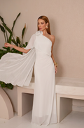 VESTIDO LONGO UM OMBRO ECHARPE COM FLOR 3D REMOVÍVEL OFF WHITE
