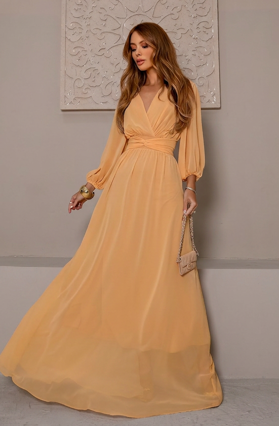 VESTIDO LONGO DECOTE V TRANSPASSADO COM MANGA BUFANTE AMARELO