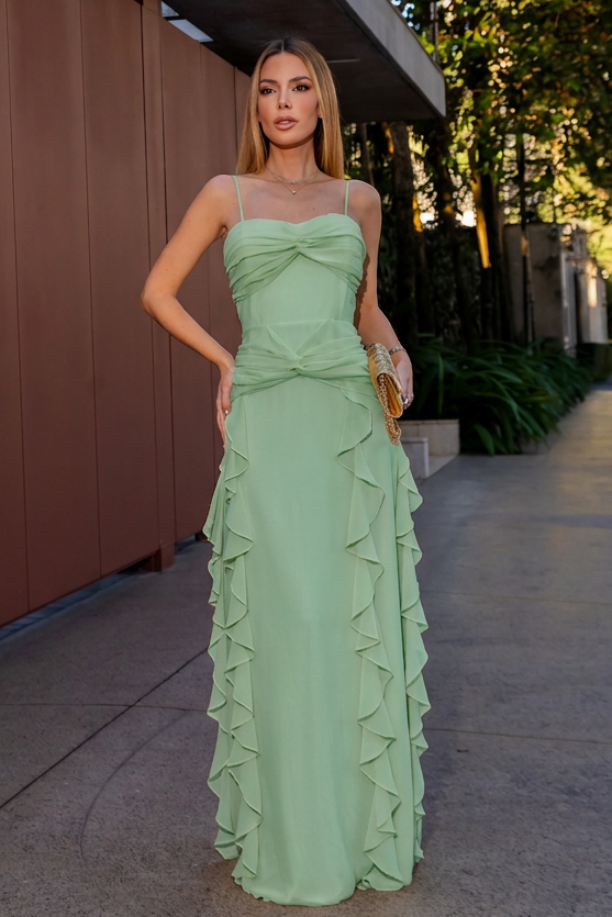 VESTIDO LONGO COM ALÇAS TORÇÃO NO BUSTO E CINTURA COM BABADOS VERDE ÁGUA