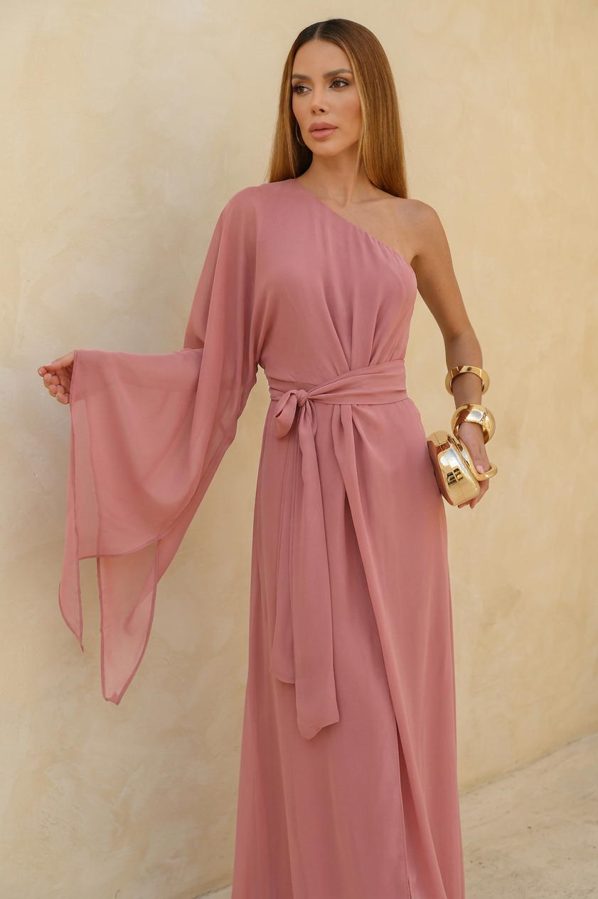 VESTIDO LONGO UM OMBRO COM MANGA AMPLA E FENDA ROSA