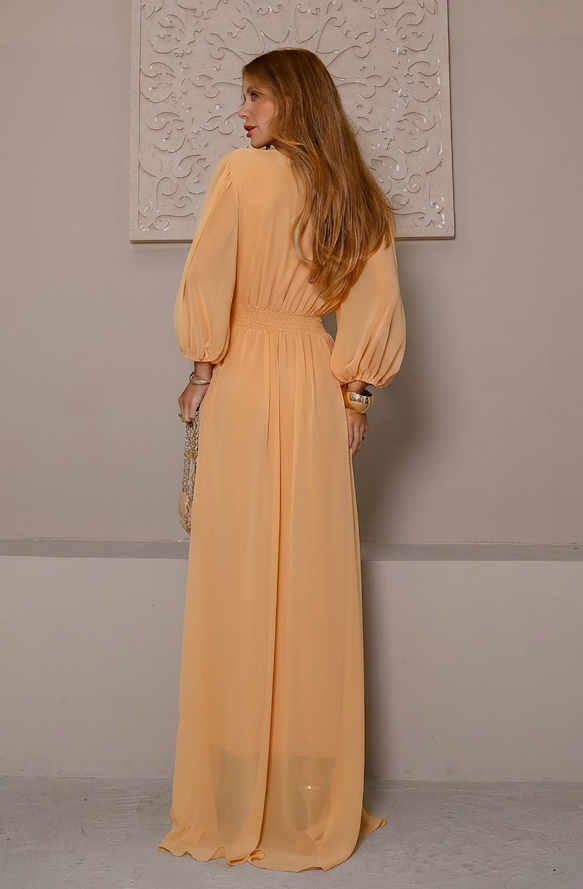 VESTIDO LONGO DECOTE V TRANSPASSADO COM MANGA BUFANTE AMARELO