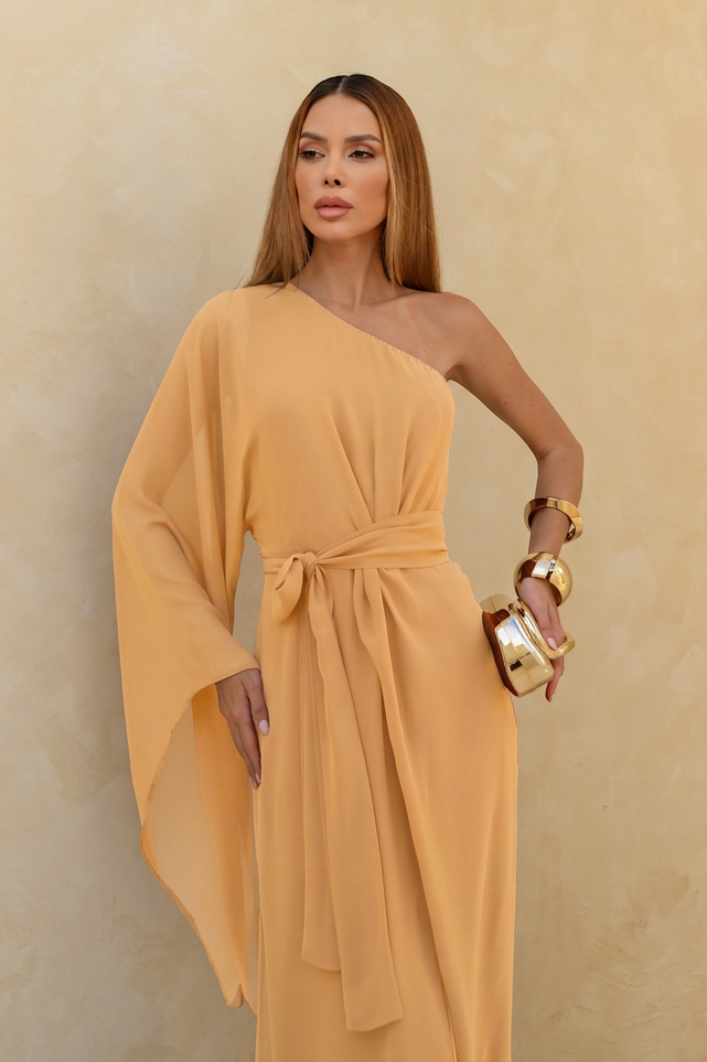 VESTIDO LONGO UM OMBRO COM MANGA AMPLA E FENDA AMARELO