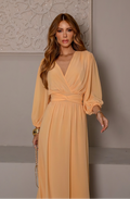 VESTIDO LONGO DECOTE V TRANSPASSADO COM MANGA BUFANTE AMARELO