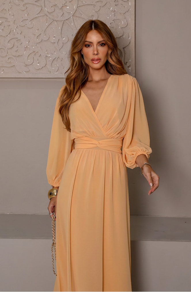 VESTIDO LONGO DECOTE V TRANSPASSADO COM MANGA BUFANTE AMARELO
