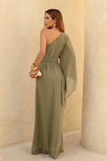 VESTIDO LONGO UM OMBRO COM MANGA AMPLA E FENDA VERDE PISTACHE