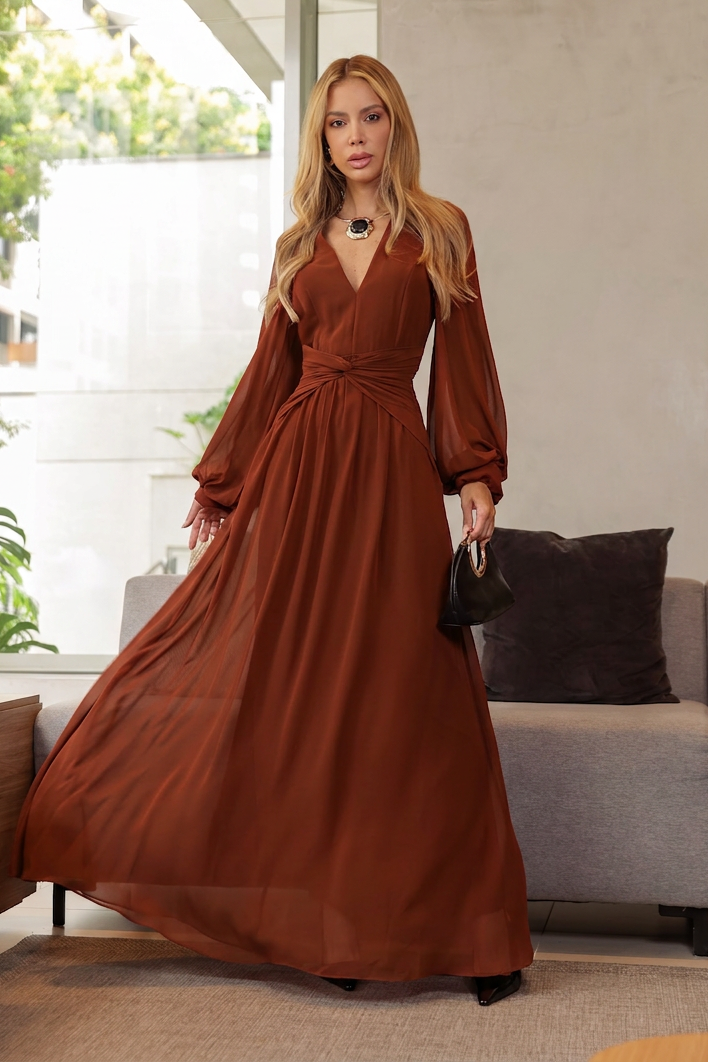 VESTIDO LONGO DECOTE V COM MANGA BUFANTE E TORÇÃO NA CINTURA TERRACOTA