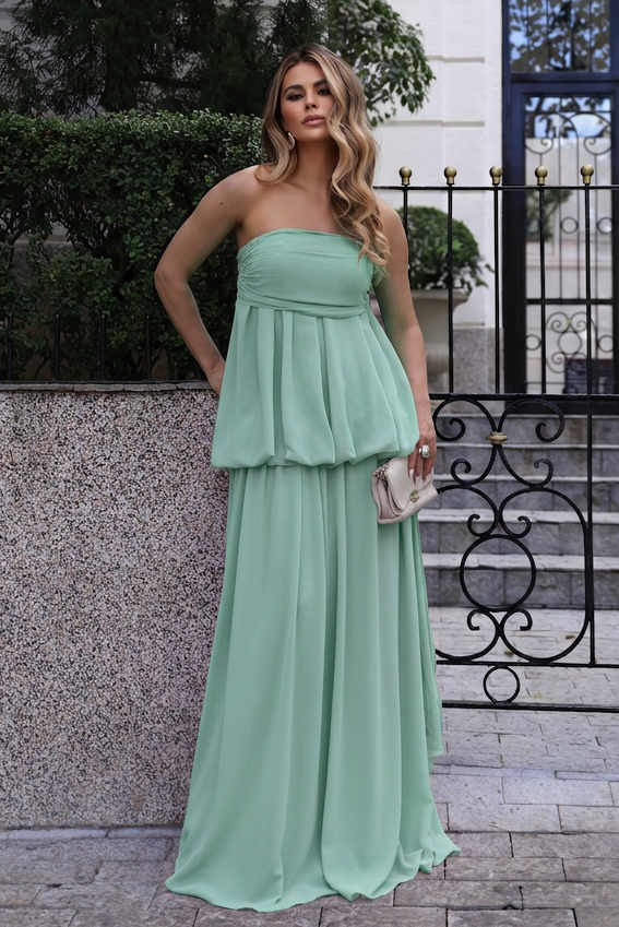 VESTIDO LONGO TOMARA QUE CAIA COM SOBREPOSIÇÃO E FRANZIDO VERDE ÁGUA