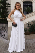 VESTIDO LONGO FRENTE ÚNICA COM CINTURA FRANZIDA E BABADOS OFF WHITE