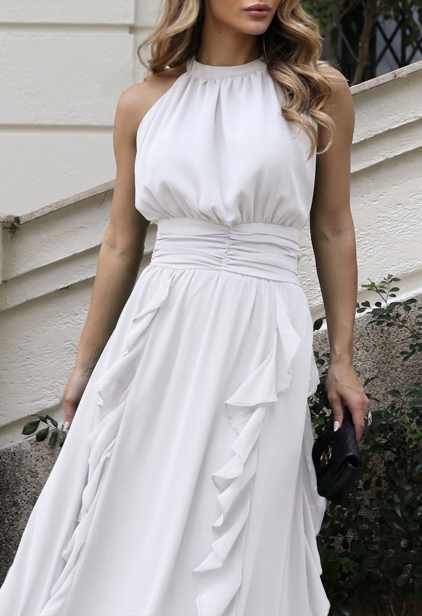 VESTIDO LONGO FRENTE ÚNICA COM CINTURA FRANZIDA E BABADOS OFF WHITE