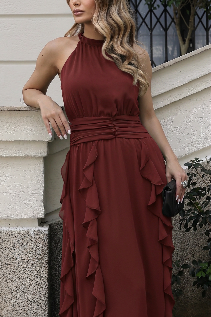 VESTIDO LONGO FRENTE ÚNICA COM CINTURA FRANZIDA E BABADOS TERRACOTA