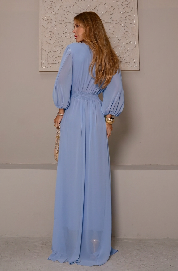 VESTIDO LONGO DECOTE V TRANSPASSADO COM MANGA BUFANTE AZUL