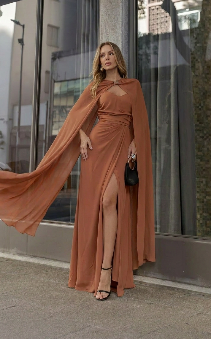 VESTIDO LONGO TOMARA QUE CAIA CORAÇÃO COM CAPA E BROCHE MARROM