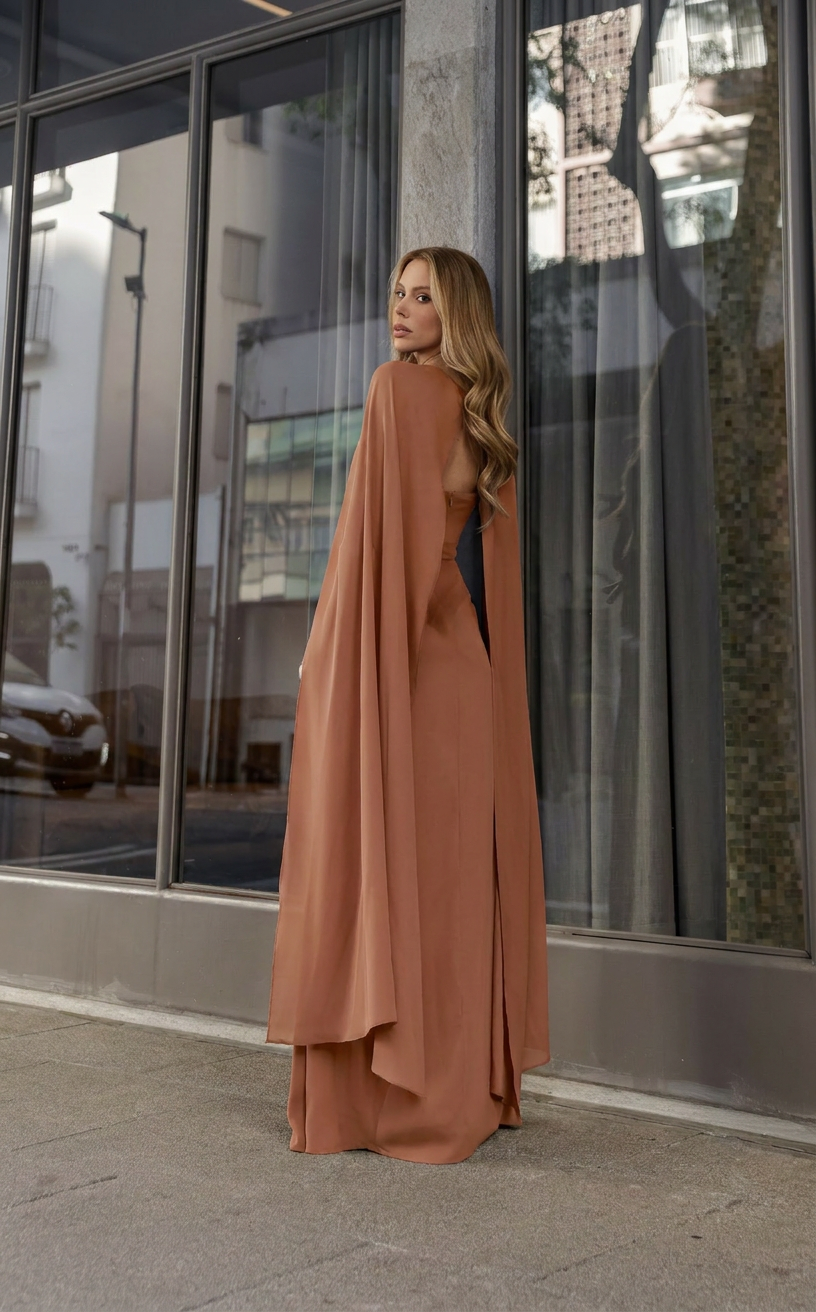 VESTIDO LONGO TOMARA QUE CAIA CORAÇÃO COM CAPA E BROCHE MARROM