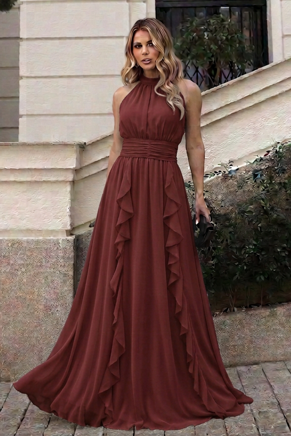 VESTIDO LONGO FRENTE ÚNICA COM CINTURA FRANZIDA E BABADOS TERRACOTA