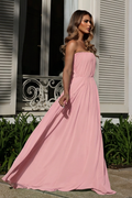 VESTIDO LONGO TOMARA QUE CAIA COM FRANZIDO E FAIXA ROSA
