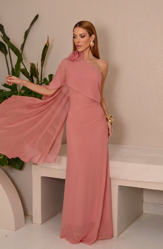 VESTIDO LONGO UM OMBRO ECHARPE COM FLOR 3D REMOVÍVEL ROSA