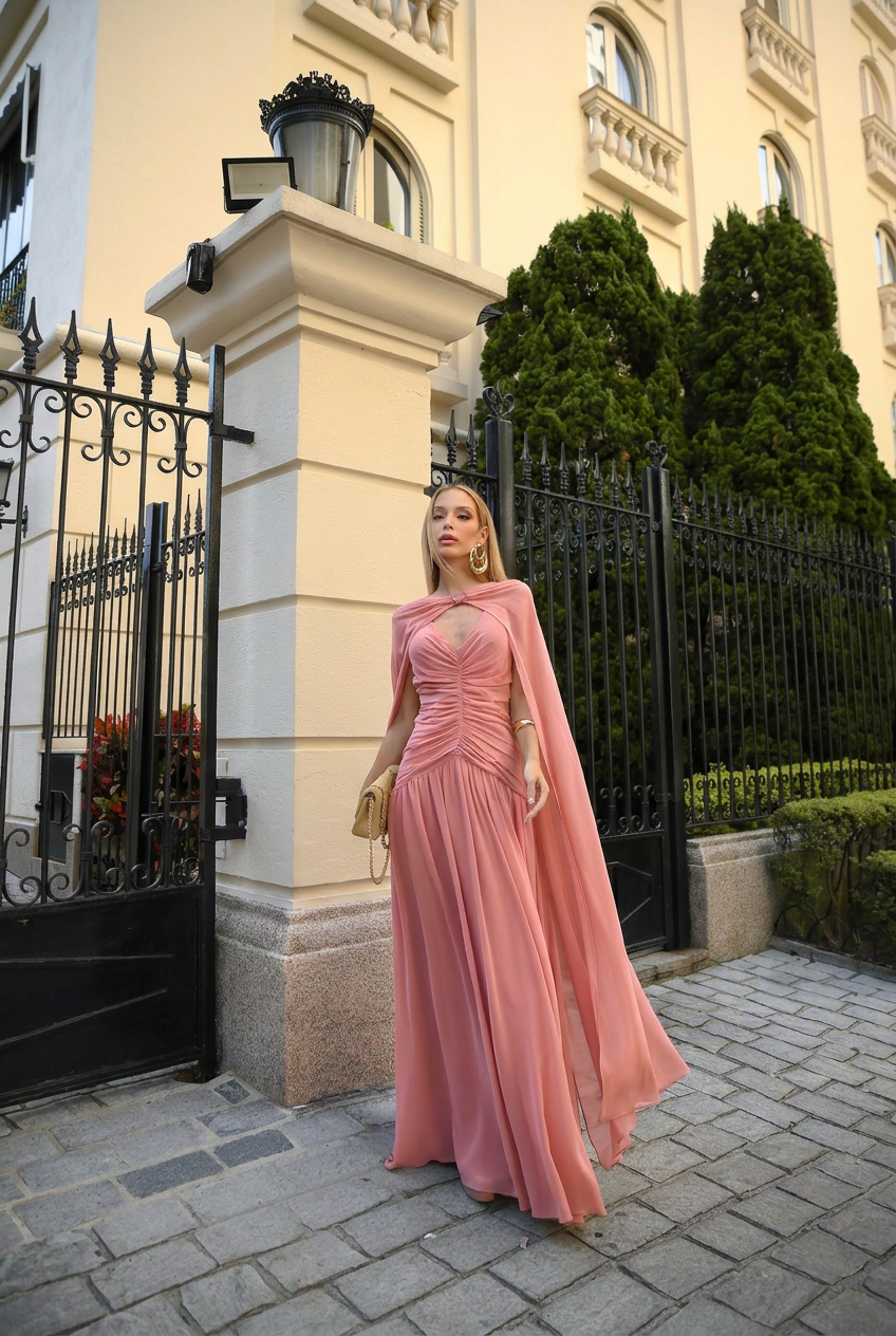 VESTIDO LONGO DECOTE V FRANZIDO COM CAPA E BROCHE DE PEDRA ROSA