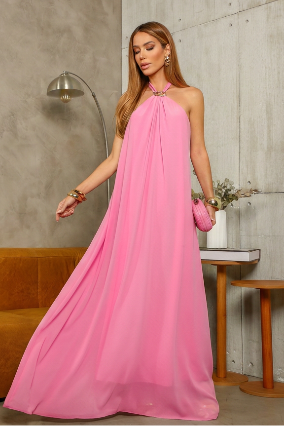 VESTIDO LONGO FRENTE ÚNICA COM FIVELA ROSA CHICLETE
