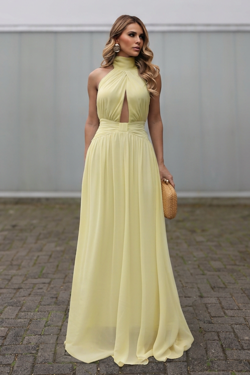 VESTIDO LONGO FRENTE ÚNICA COM RECORTE FRONTAL E CINTURA FRANZIDA AMARELO